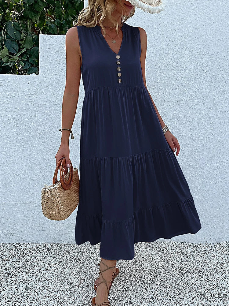 Sleeveless Button Front Tiered Casual Maxi Dresses