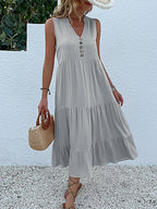 Sleeveless Button Front Tiered Casual Maxi Dresses