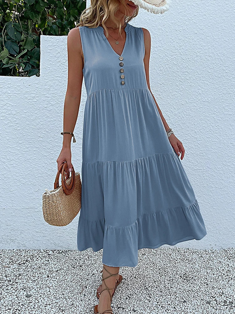 Sleeveless Button Front Tiered Casual Maxi Dresses