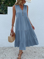 Sleeveless Button Front Tiered Casual Maxi Dresses