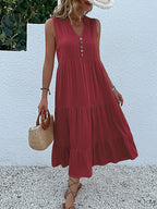 Sleeveless Button Front Tiered Casual Maxi Dresses