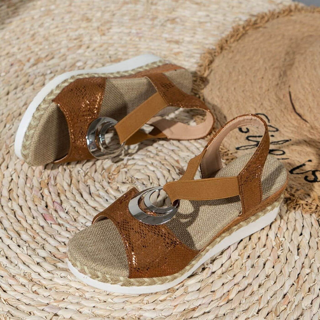 Snake Print Ring Buckle Ankle Strap Espadrille Wedge Sandal
