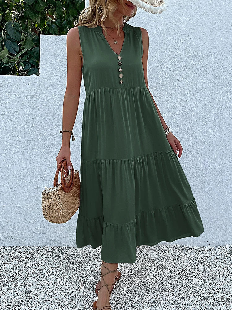 Sleeveless Button Front Tiered Casual Maxi Dresses