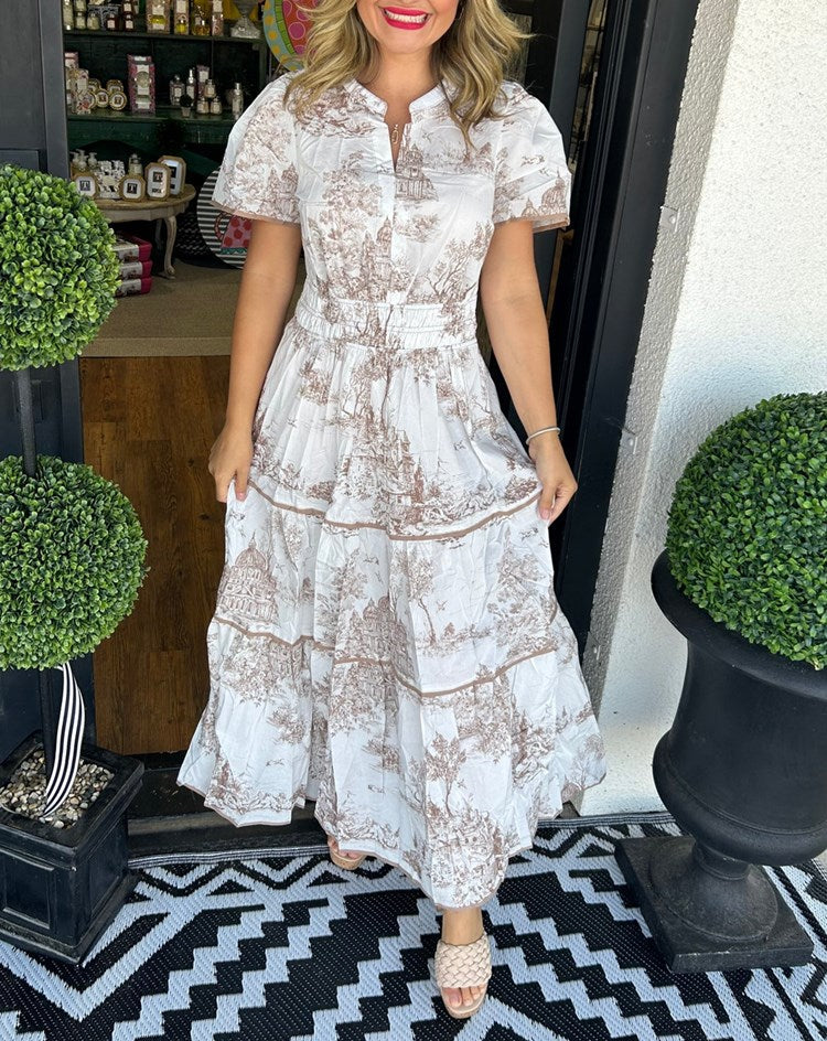 Toile Print Puff Sleeve Elasticated Waist Tiered Maxi Dress