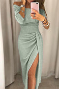 Off Shoulder Ruched Split Bodycon Midi Dress - Formal Evening Gown