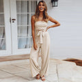 Strapless Bandeau Tie Waist Flowy Wide Leg Jumpsuit