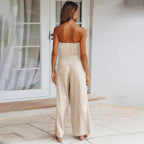 Strapless Bandeau Tie Waist Flowy Wide Leg Jumpsuit