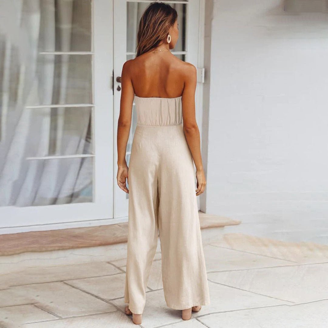Strapless Bandeau Tie Waist Flowy Wide Leg Jumpsuit