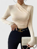 Ruched Cross Neck Long Sleeve Fitted Cropped Top