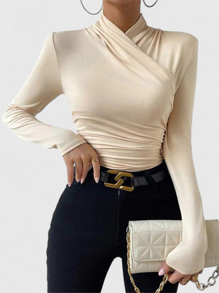 Ruched Cross Neck Long Sleeve Fitted Cropped Top