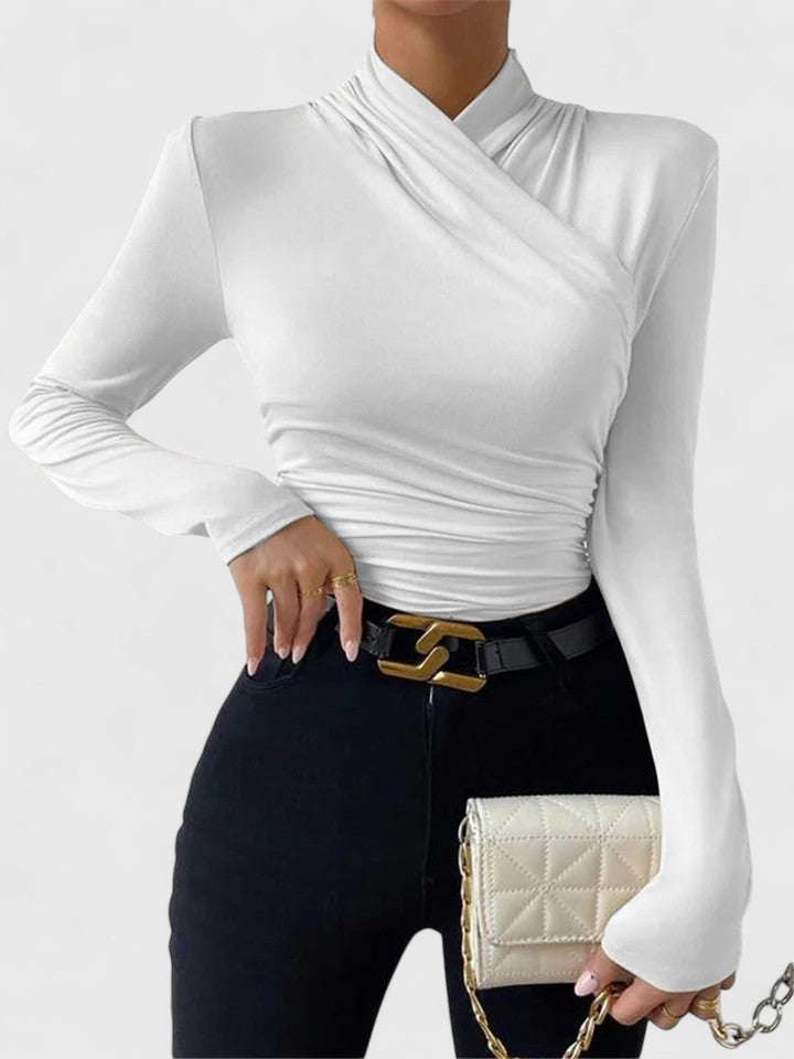 Ruched Cross Neck Long Sleeve Fitted Cropped Top