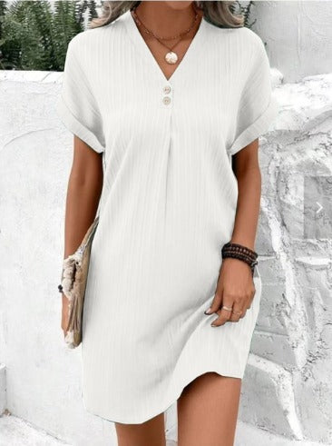 Textured Button Detail V Neck Rolled Sleeve Casual Mini Dress