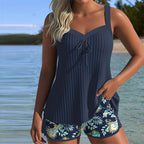 Ribbed Tie Front Sweetheart Tropical Short Tankini Set