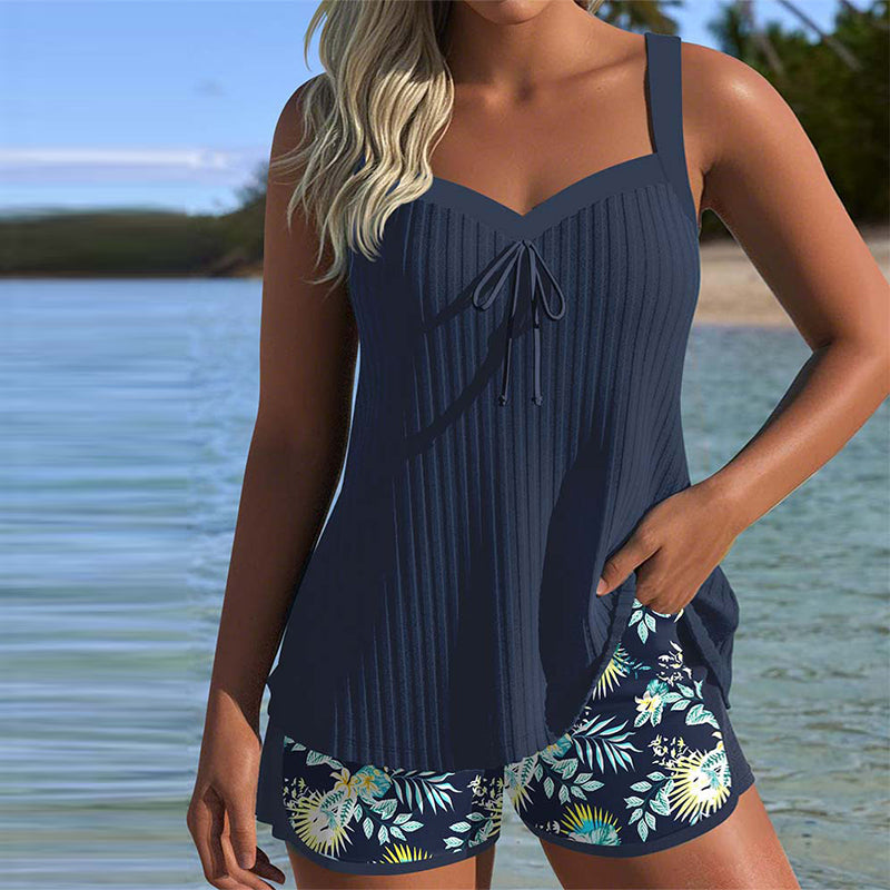 Ribbed Tie Front Sweetheart Tropical Short Tankini Set