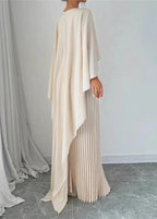 Cape Overlay Crew Neck Pleated Skirt Flowy Maxi Dress - Wedding Guest