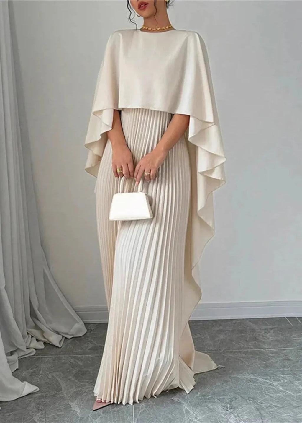Cape Overlay Crew Neck Pleated Skirt Flowy Maxi Dress - Wedding Guest