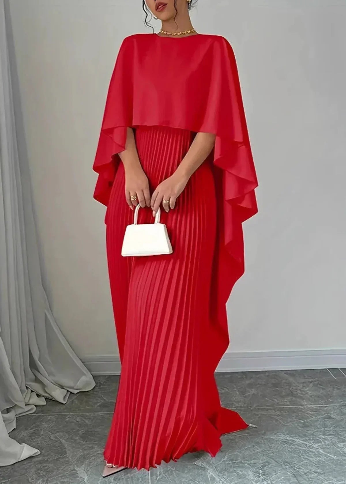 Cape Overlay Crew Neck Pleated Skirt Flowy Maxi Dress - Wedding Guest