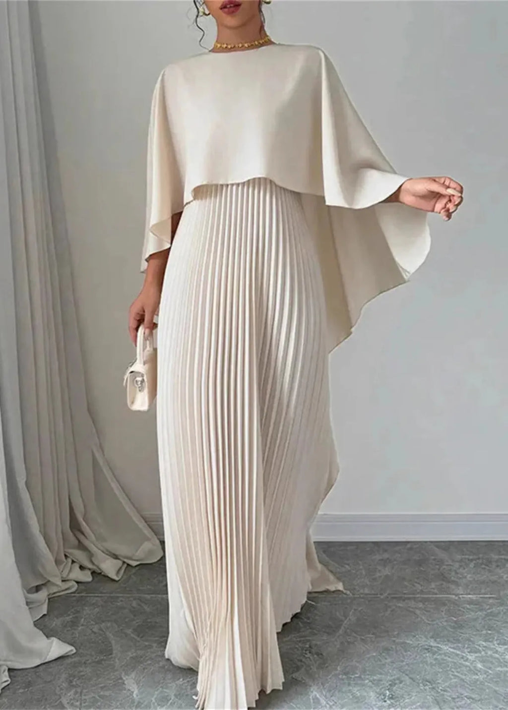 Cape Overlay Crew Neck Pleated Skirt Flowy Maxi Dress - Wedding Guest