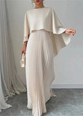 Cape Overlay Crew Neck Pleated Skirt Flowy Maxi Dress - Wedding Guest