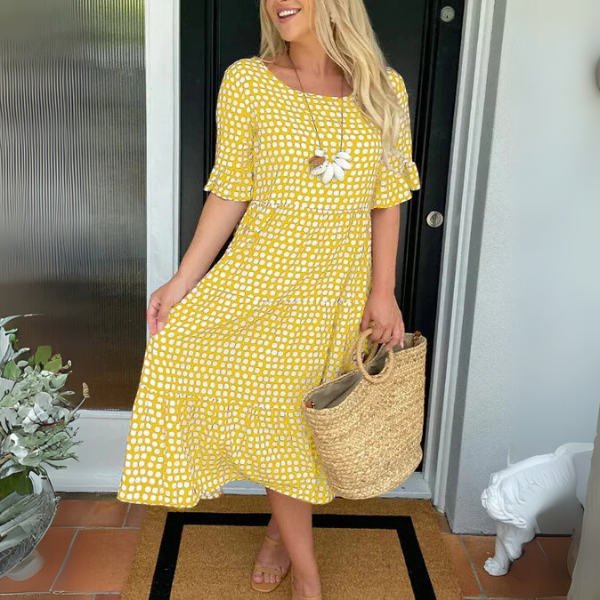 Polka Dot Square Neck Tiered Ruffle Hem Casual Midi Dress