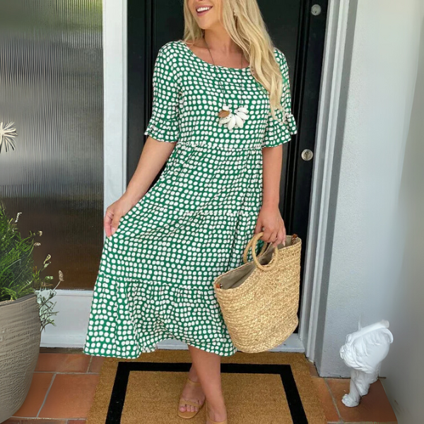Polka Dot Square Neck Tiered Ruffle Hem Casual Midi Dress