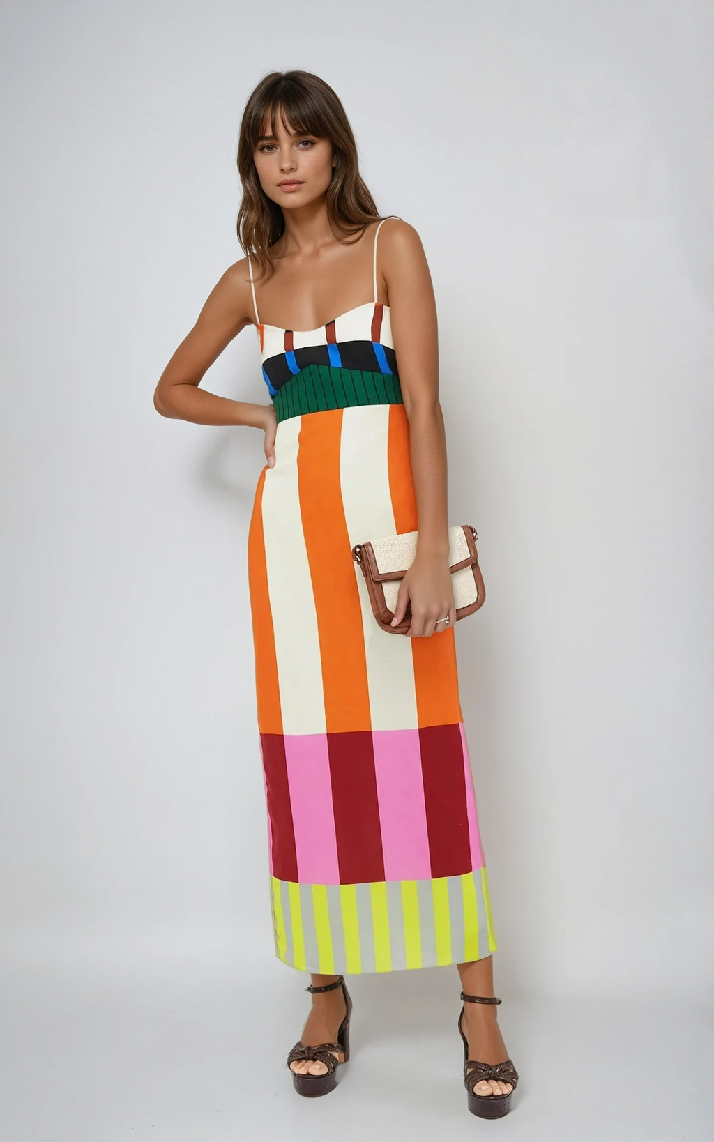 Bold Stripe Colourblock Spaghetti Strap Bodycon Midi Dress