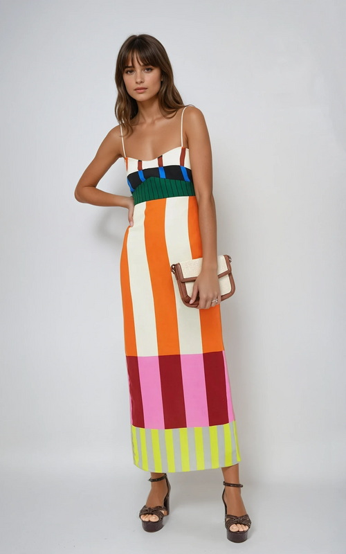 Bold Stripe Colourblock Spaghetti Strap Bodycon Midi Dress