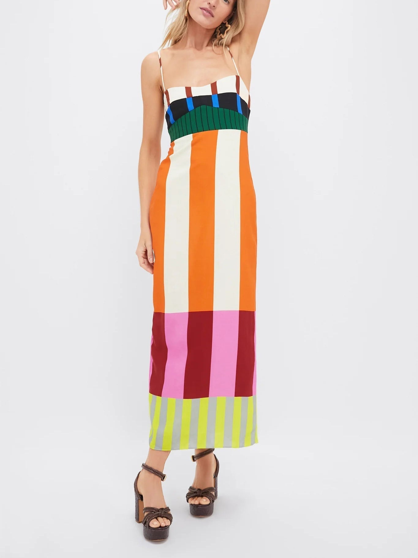 Bold Stripe Colourblock Spaghetti Strap Bodycon Midi Dress