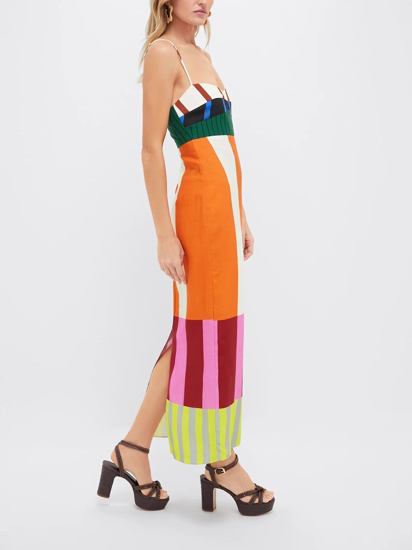 Bold Stripe Colourblock Spaghetti Strap Bodycon Midi Dress