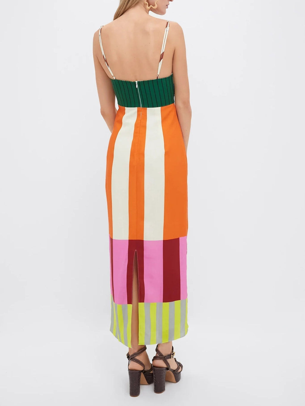 Bold Stripe Colourblock Spaghetti Strap Bodycon Midi Dress