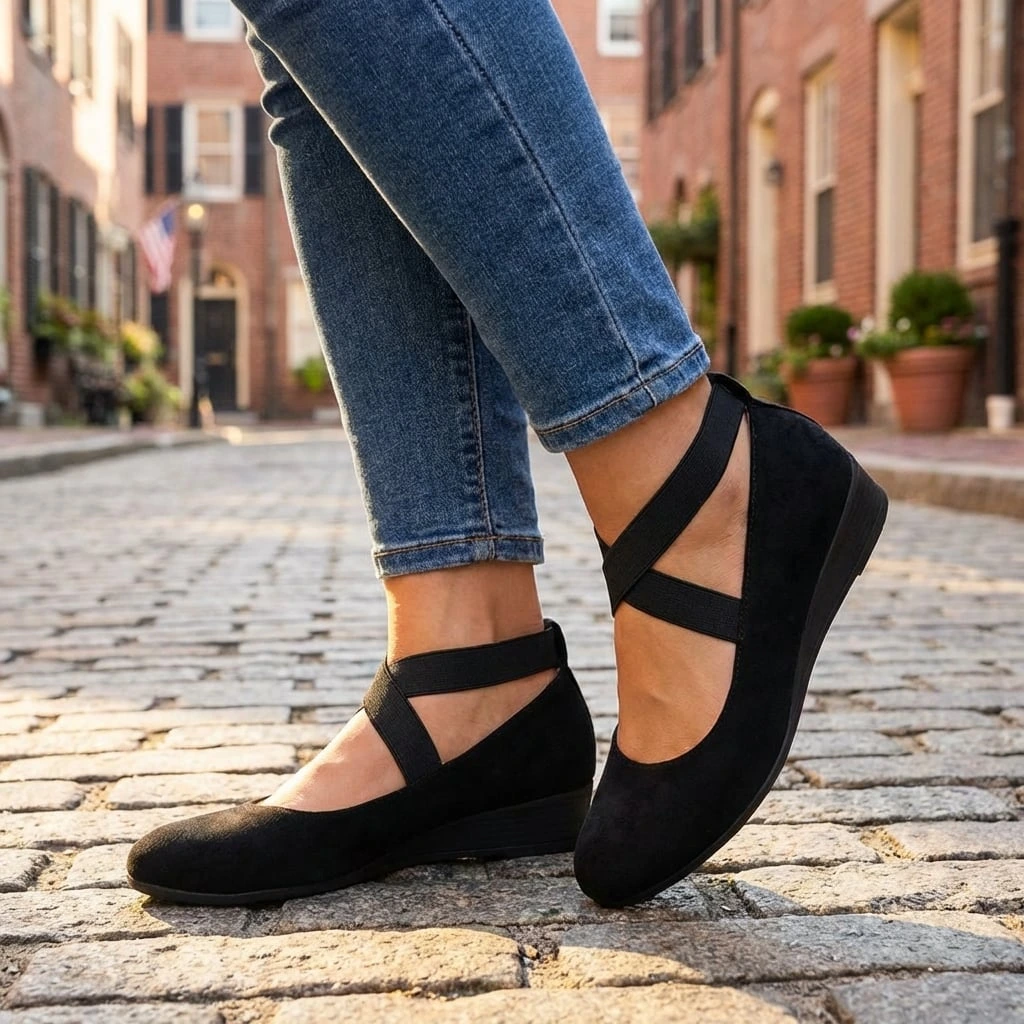 Suede Cross Strap Closed Toe Low Wedge Sandal