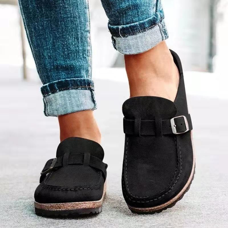 Suede Buckle Strap Cork Footbed Slip On Casual Flat Loafer