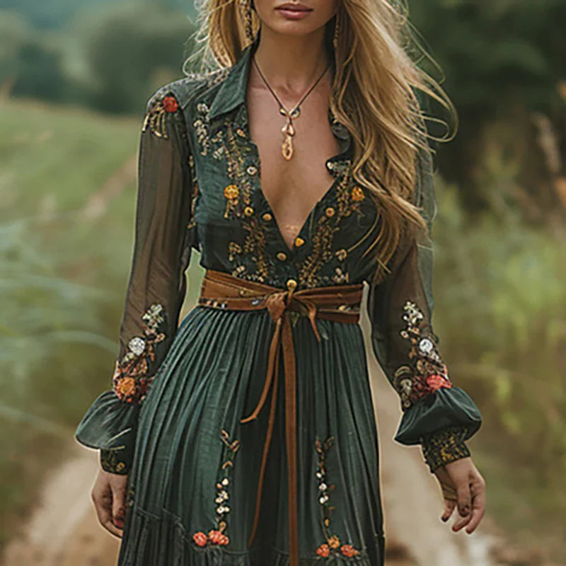 Floral Embroidered Boho Maxi Dress - Casual Summer