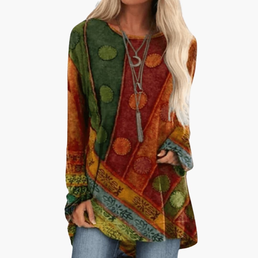 Geometric Patchwork Print Crew Neck Long Sleeve Curved Hem Tunic Top