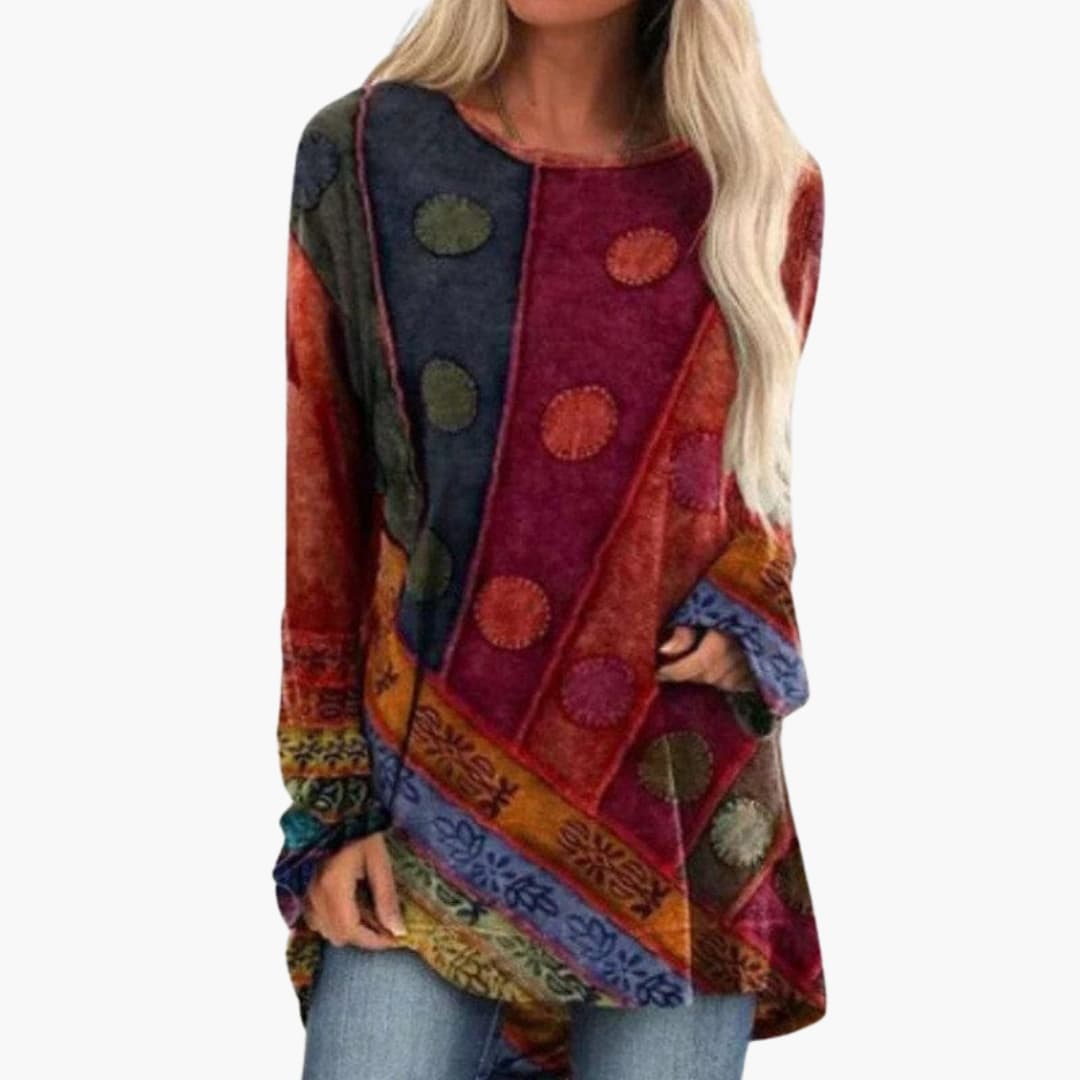 Geometric Patchwork Print Crew Neck Long Sleeve Curved Hem Tunic Top