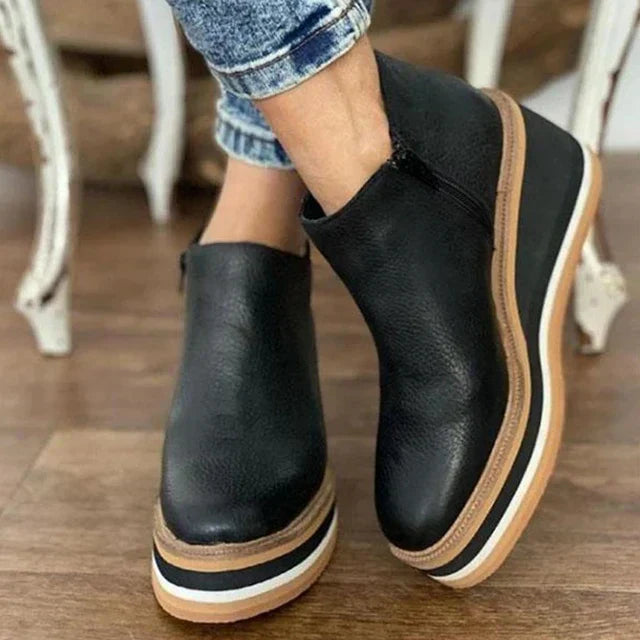 Side Zip Suede Striped Platform Wedge Boot