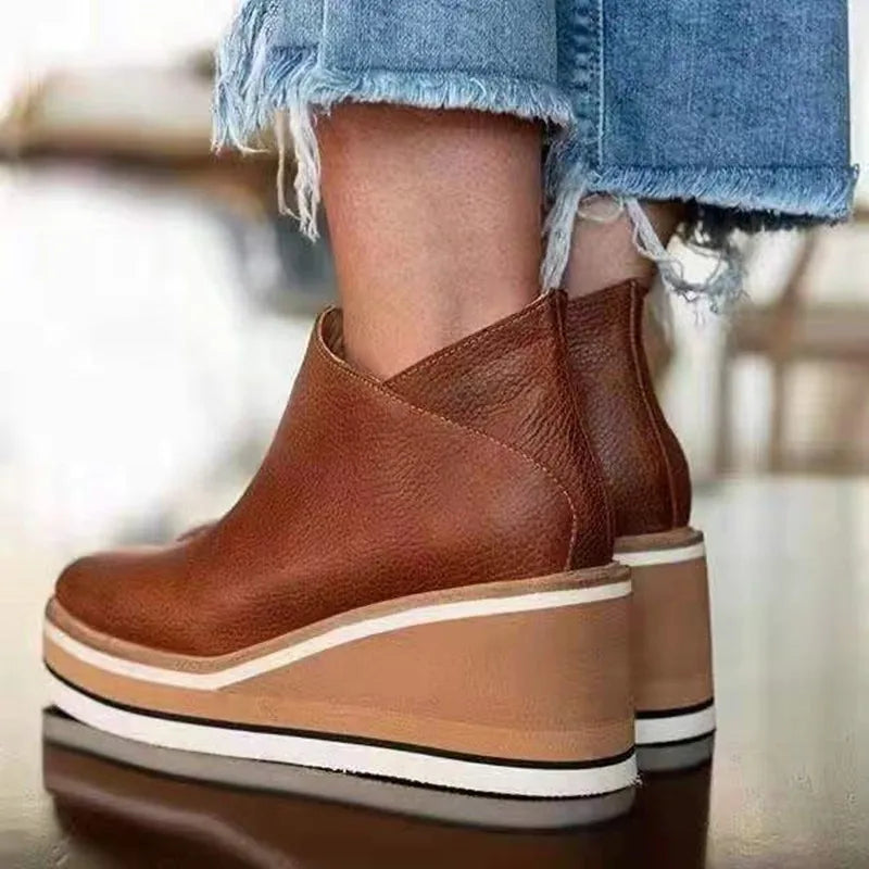 Side Zip Suede Striped Platform Wedge Boot