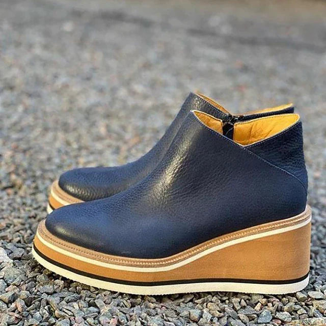 Side Zip Suede Striped Platform Wedge Boot