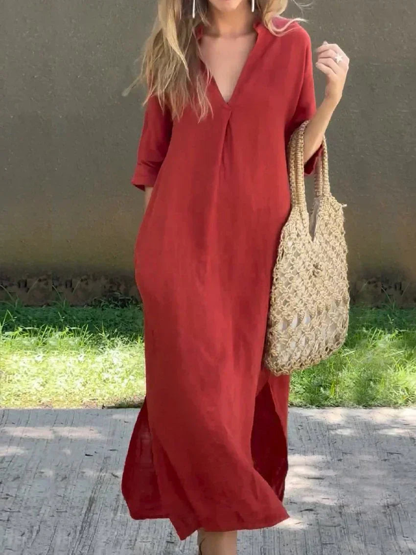 Linen V Neck Three Quarter Sleeve Casual Maxi Dress