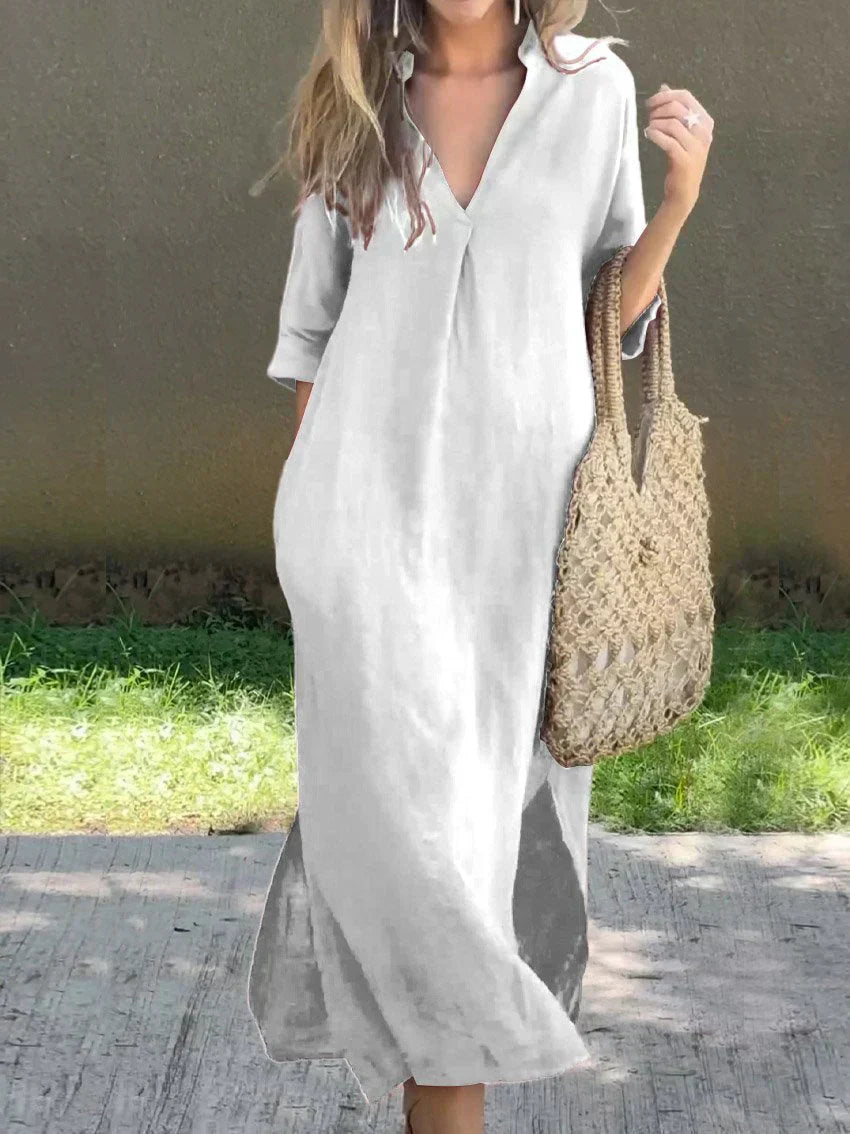 Linen V Neck Three Quarter Sleeve Casual Maxi Dress
