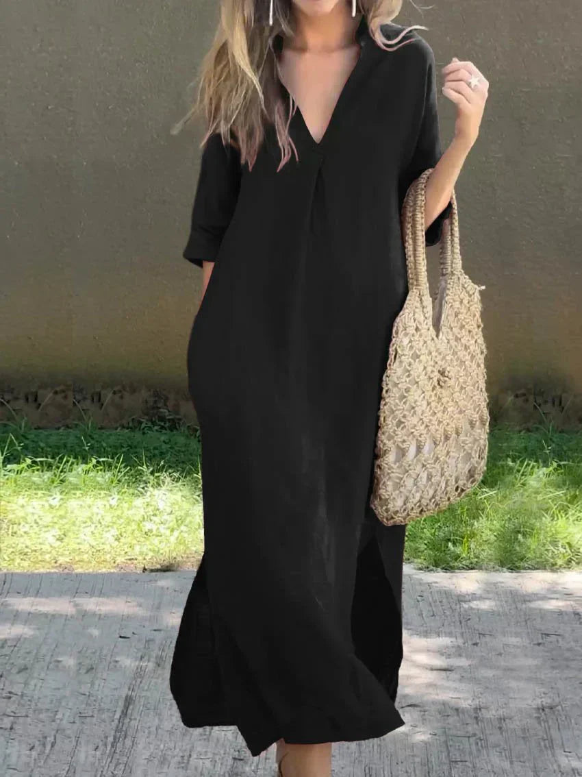 Linen V Neck Three Quarter Sleeve Casual Maxi Dress