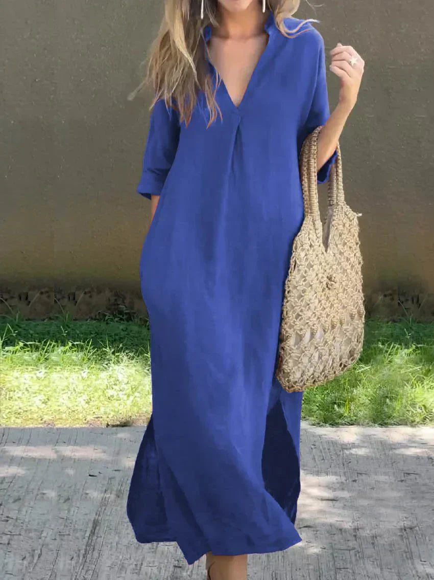 Linen V Neck Three Quarter Sleeve Casual Maxi Dress