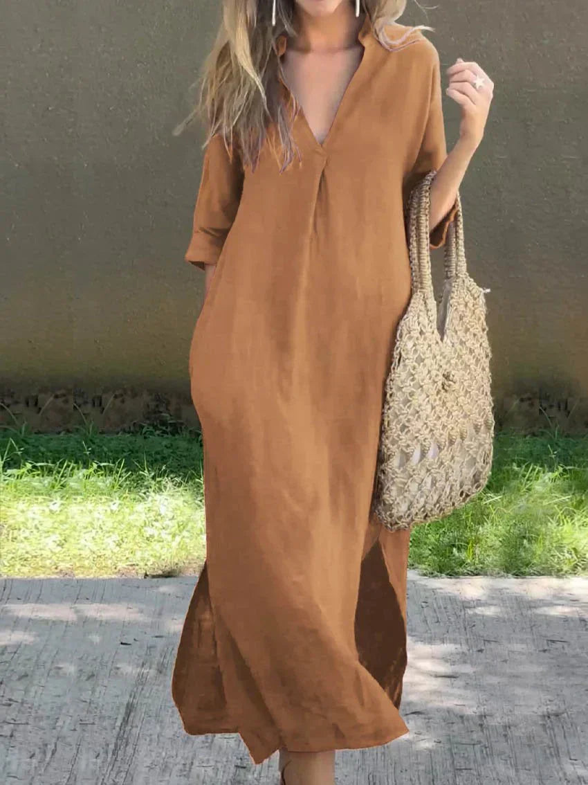 Linen V Neck Three Quarter Sleeve Casual Maxi Dress