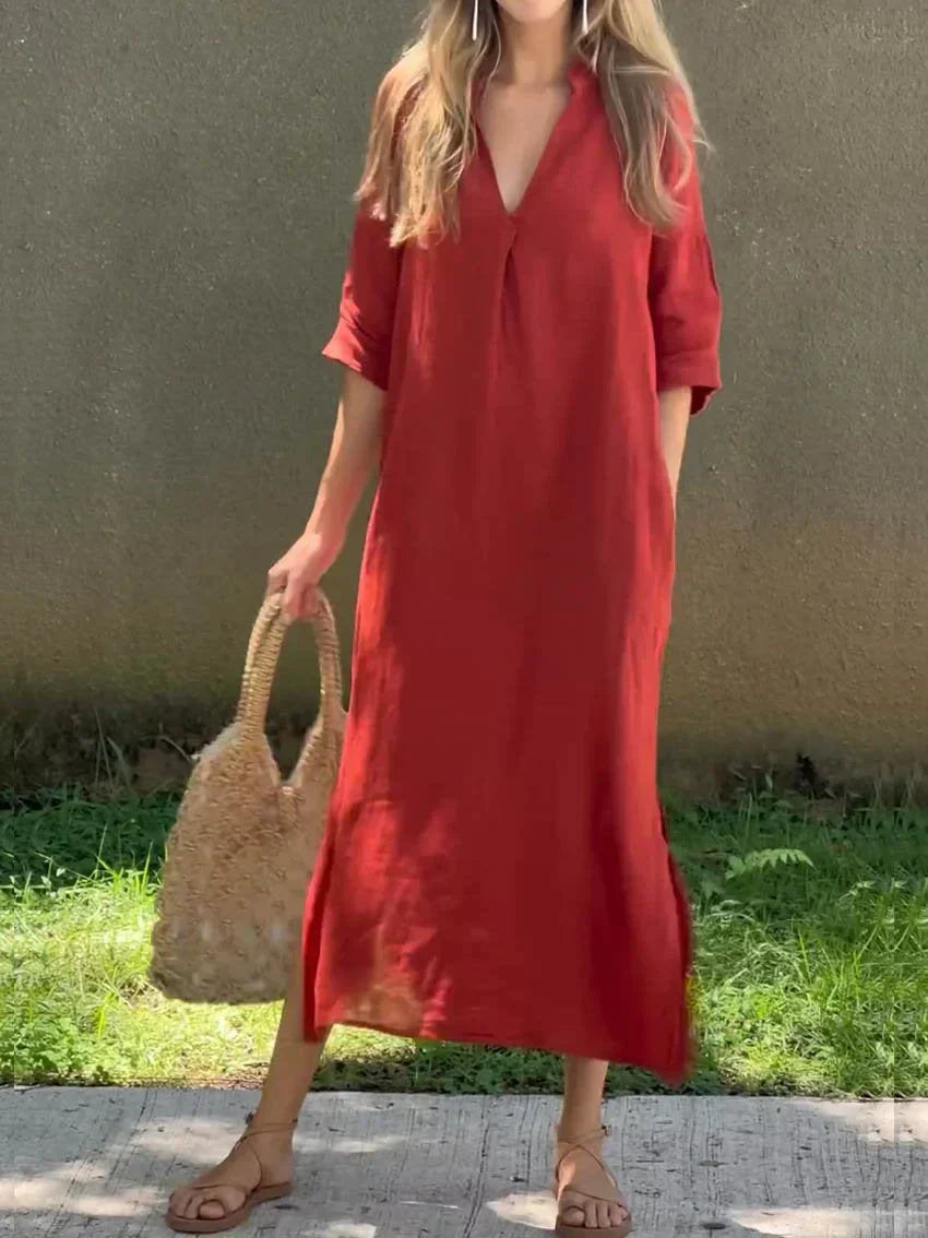 Linen V Neck Three Quarter Sleeve Casual Maxi Dress