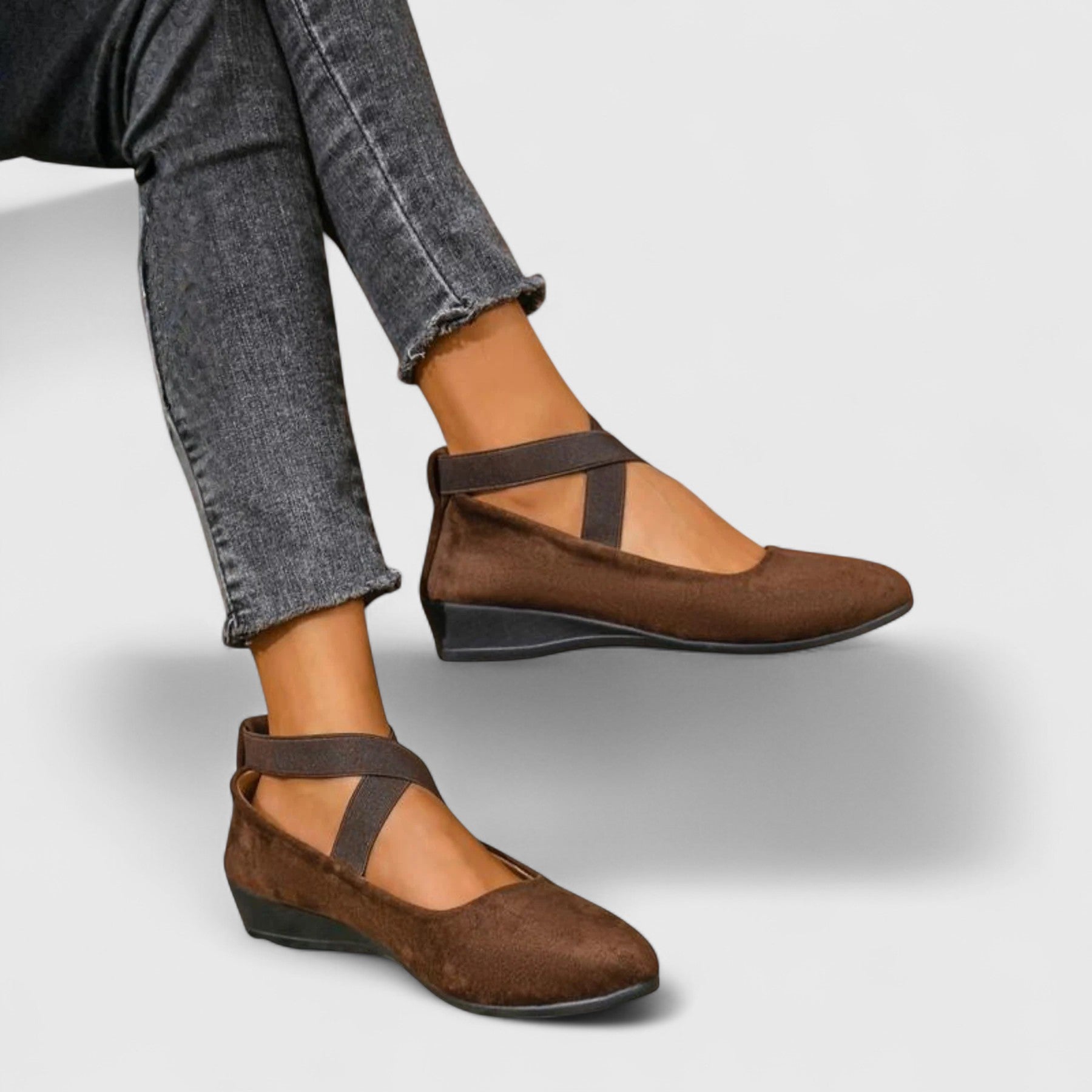 Suede Cross Strap Closed Toe Low Wedge Sandal