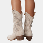 Perforated Panel Scallop Topline Stacked Heel Western Mid Calf Boot
