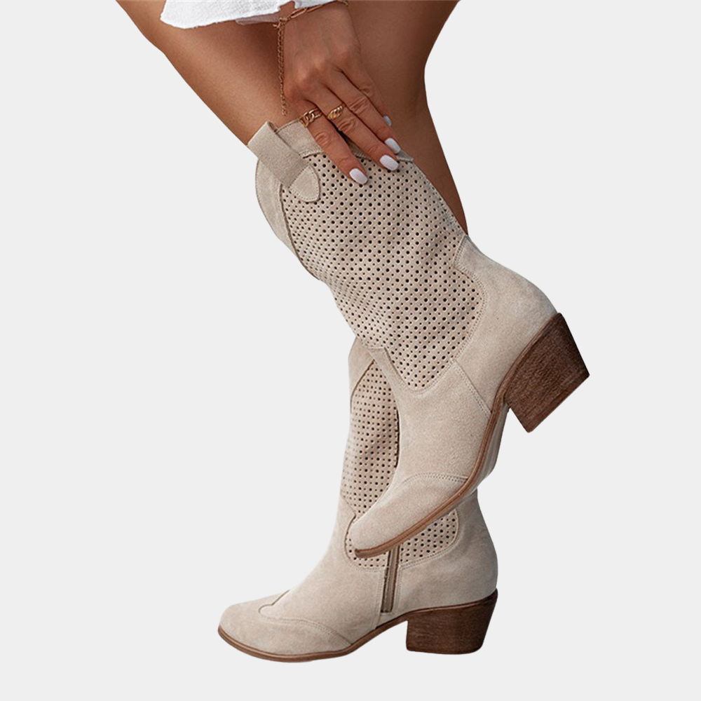 Perforated Panel Scallop Topline Stacked Heel Western Mid Calf Boot