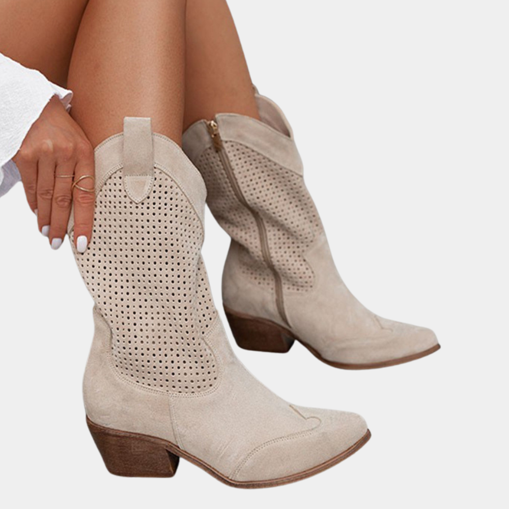 Perforated Panel Scallop Topline Stacked Heel Western Mid Calf Boot