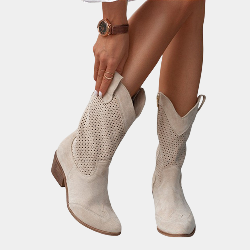 Perforated Panel Scallop Topline Stacked Heel Western Mid Calf Boot