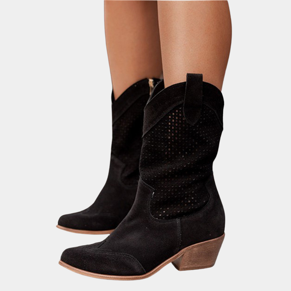 Perforated Panel Scallop Topline Stacked Heel Western Mid Calf Boot